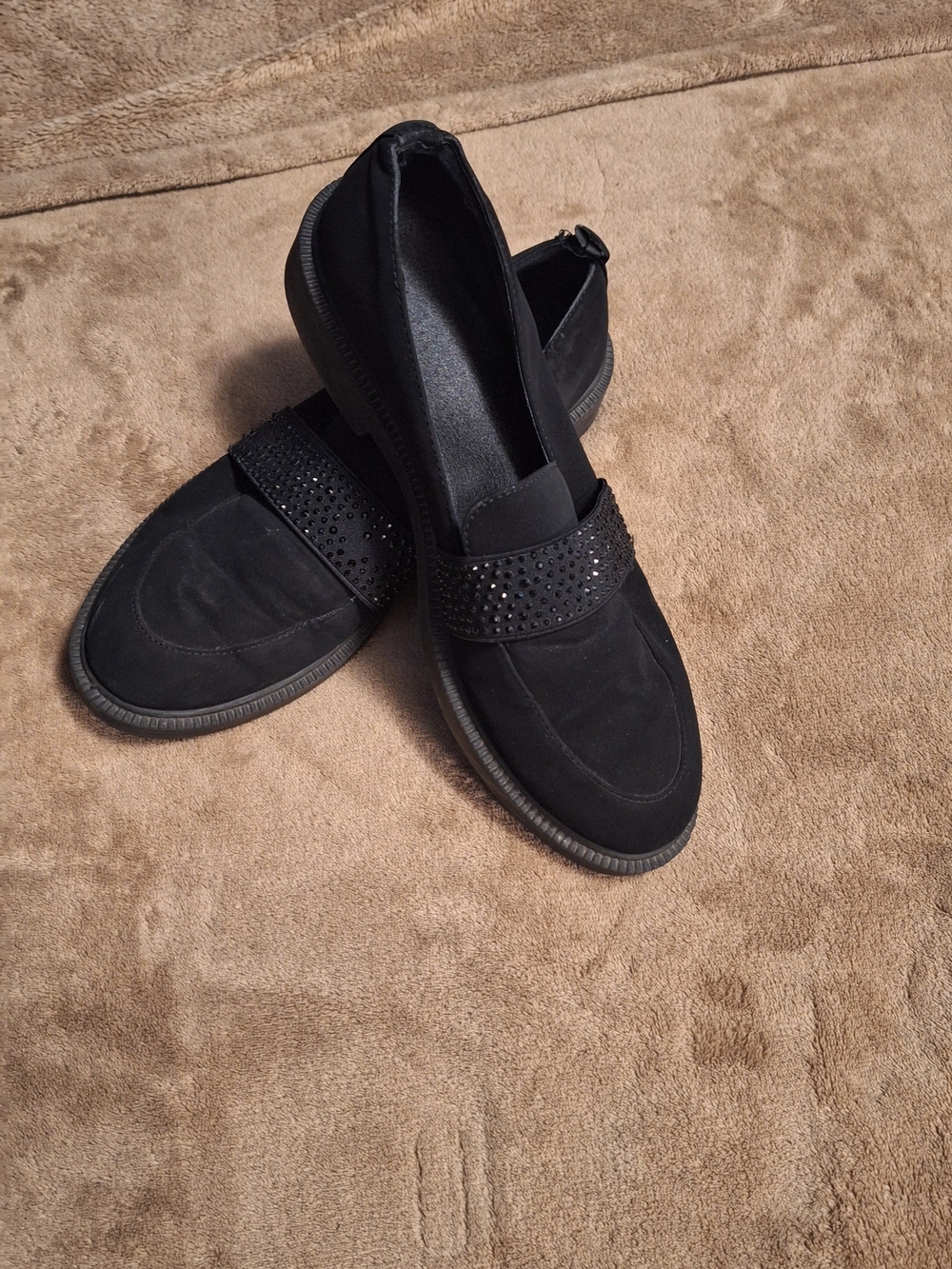 Woman's Black Slip-On Loafers with Studded Elastic Strap